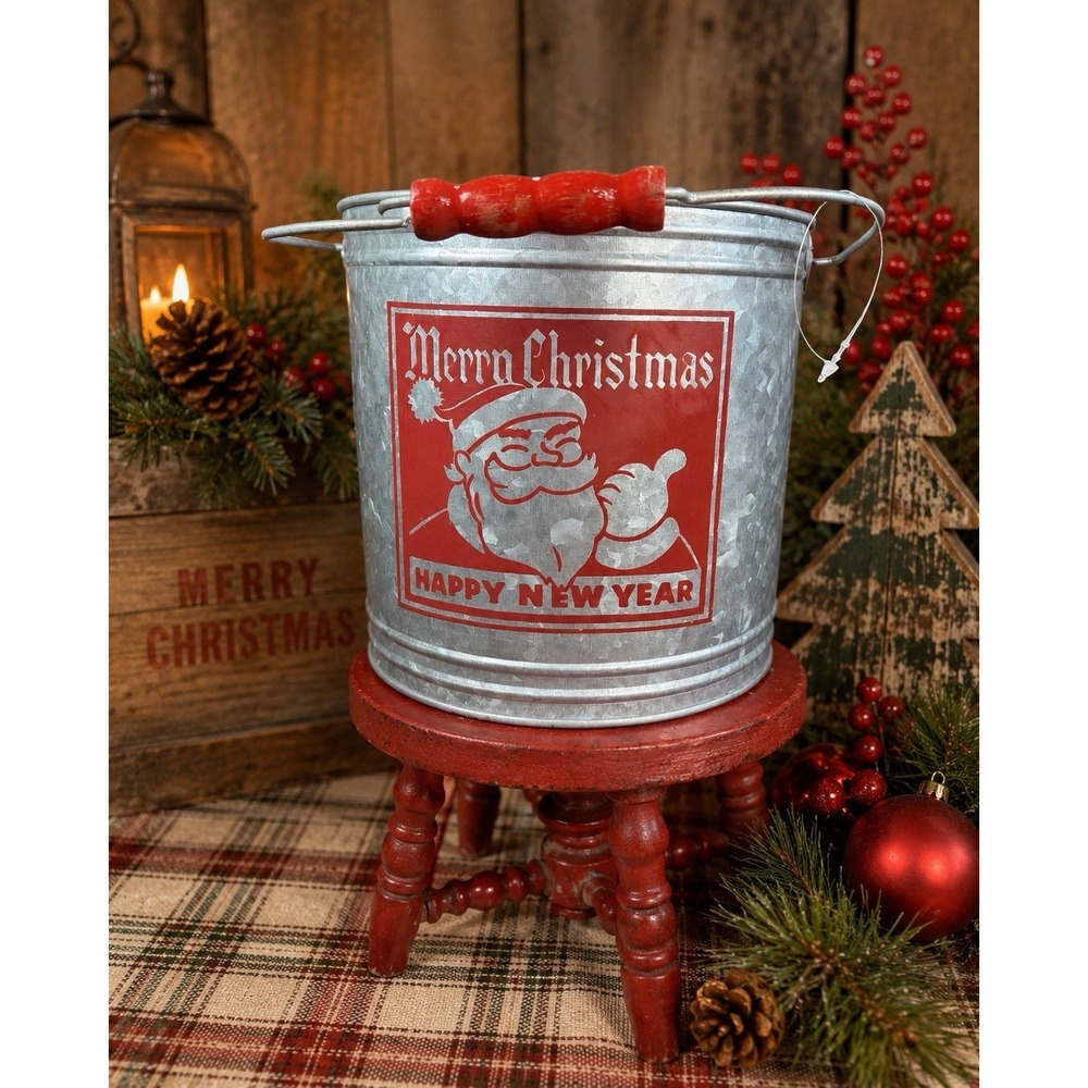 Cracker Barrel Christmas Bucket with Red Wooden Handle Glalvanized Metal 7.5 In.